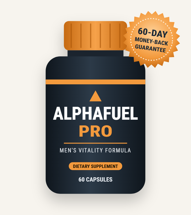 AlphaFuel Pro men's vitality supplement bottle with 60-day money-back guarantee